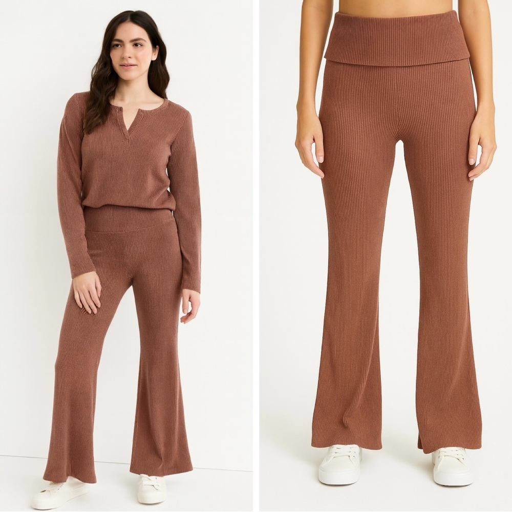 Urban Social Ribbed Foldover Waist Flare Leg Pants & Long Sleeve Henley Set